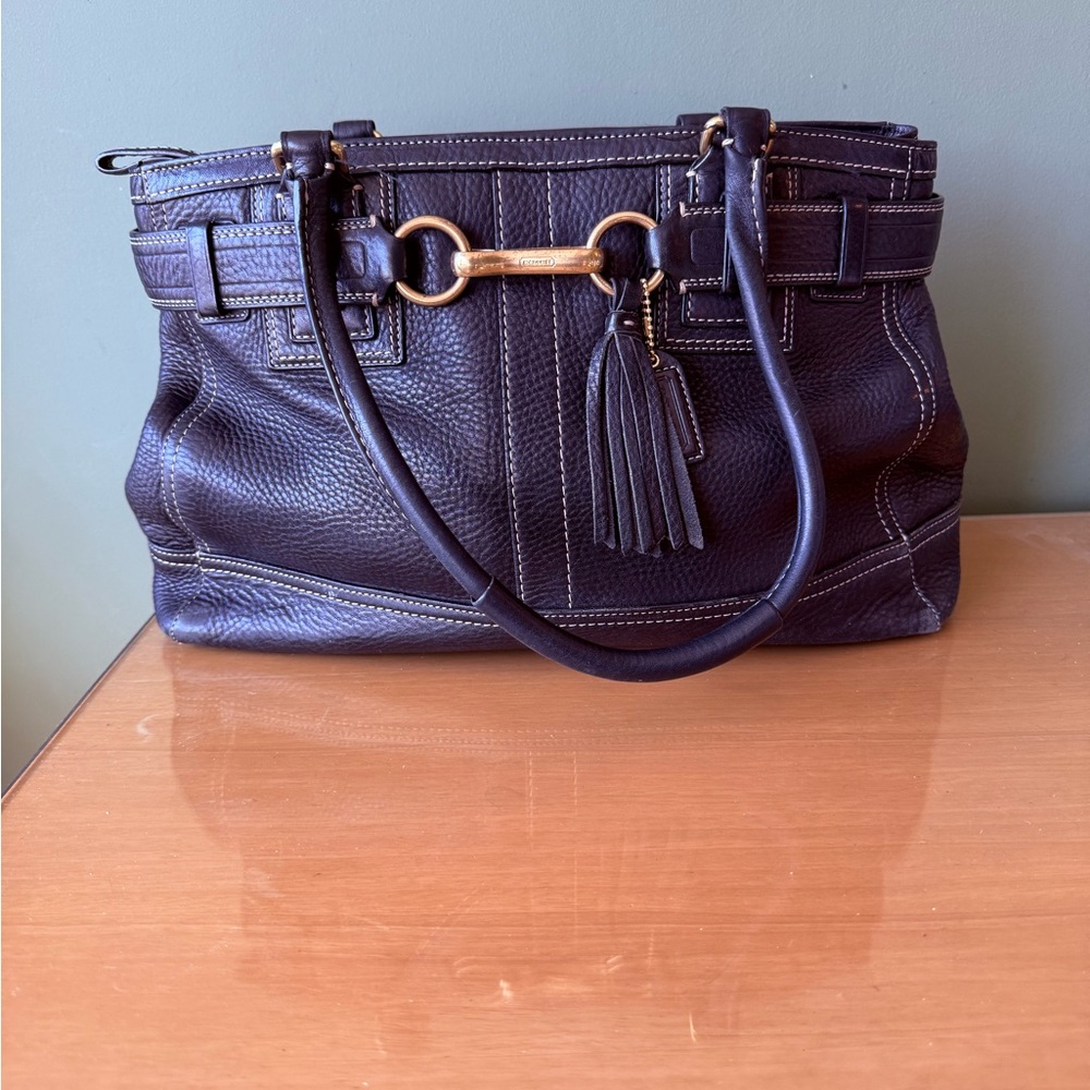 Coach Black Pebble Leather Shoulder Bag with Brass Hardware